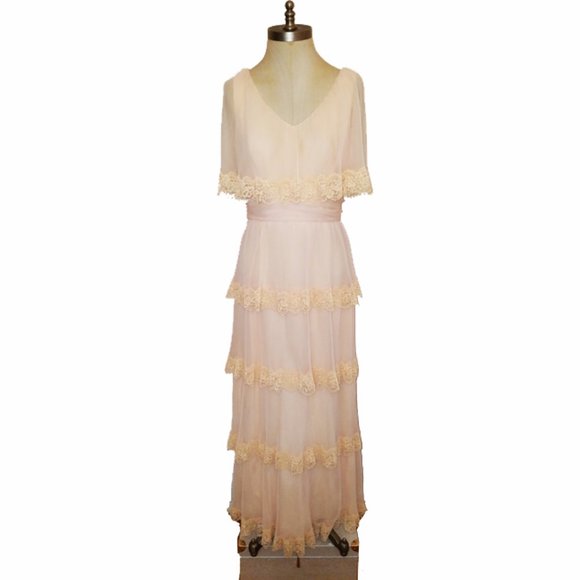 Miss Elliette Dresses & Skirts - Vtg 70s Nude Blush Chiffon Lace Tiered Gown Dress